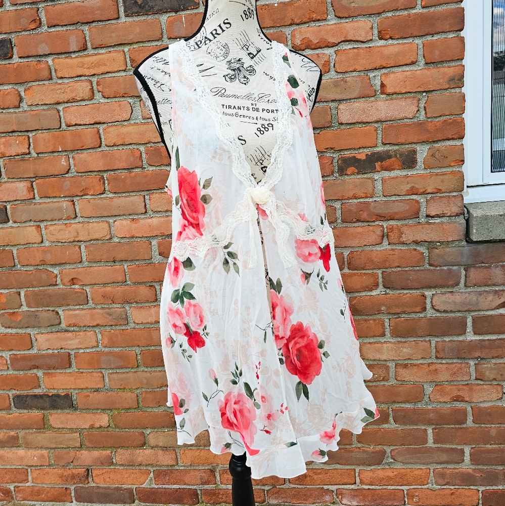 🌹 Y2K Secret Treasures Rose Print Lace Lingerie Slip Dress | Sheer Babydoll Che